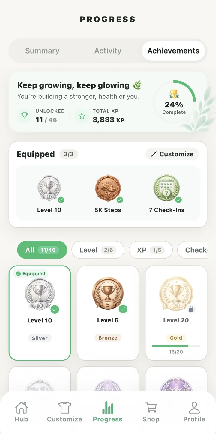 Early achievements progress with bronze, silver and gold badge tiers to unlock
