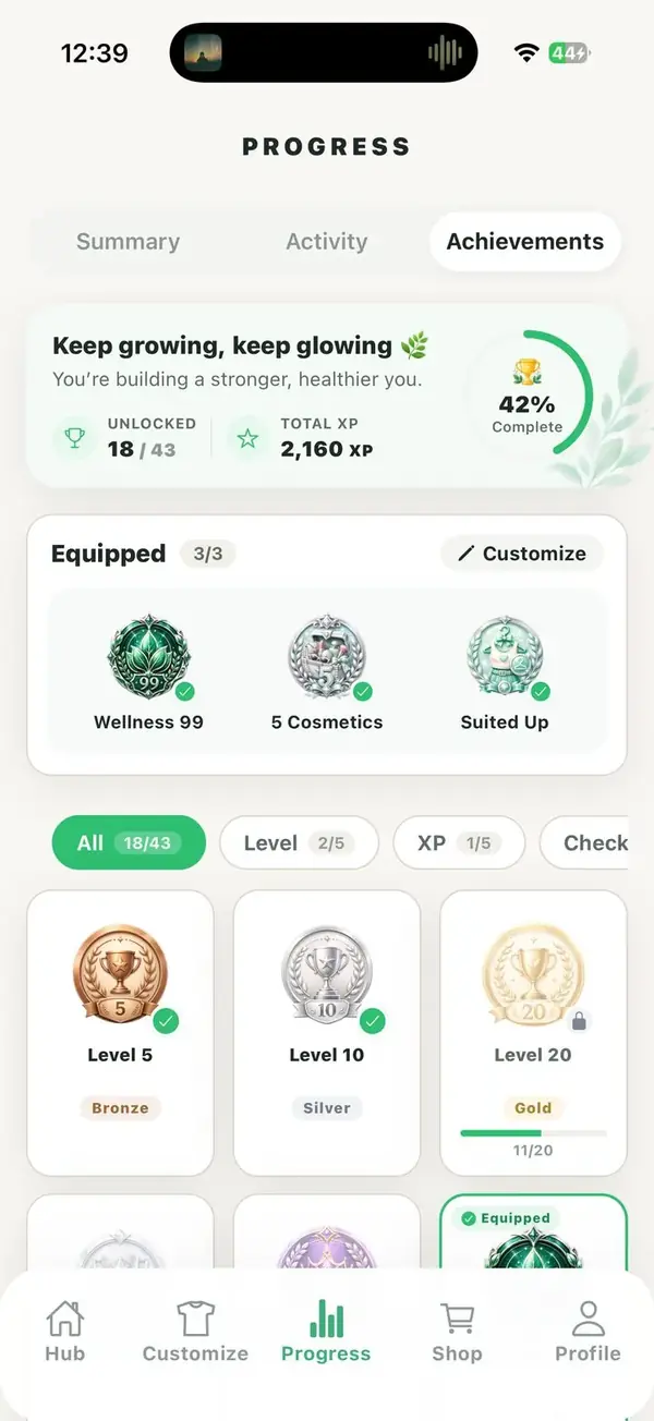 Achievements screen with unlocked badges and completion progress