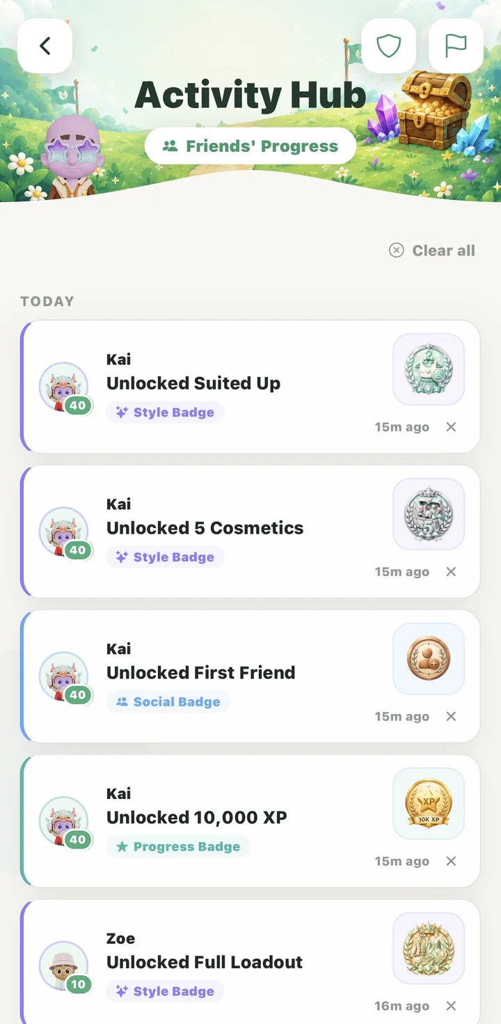 Friends’ progress feed with cosmetic, social and XP badge unlocks