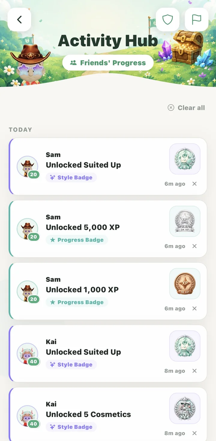 Activity hub feed celebrating friends’ unlocked badges and milestones