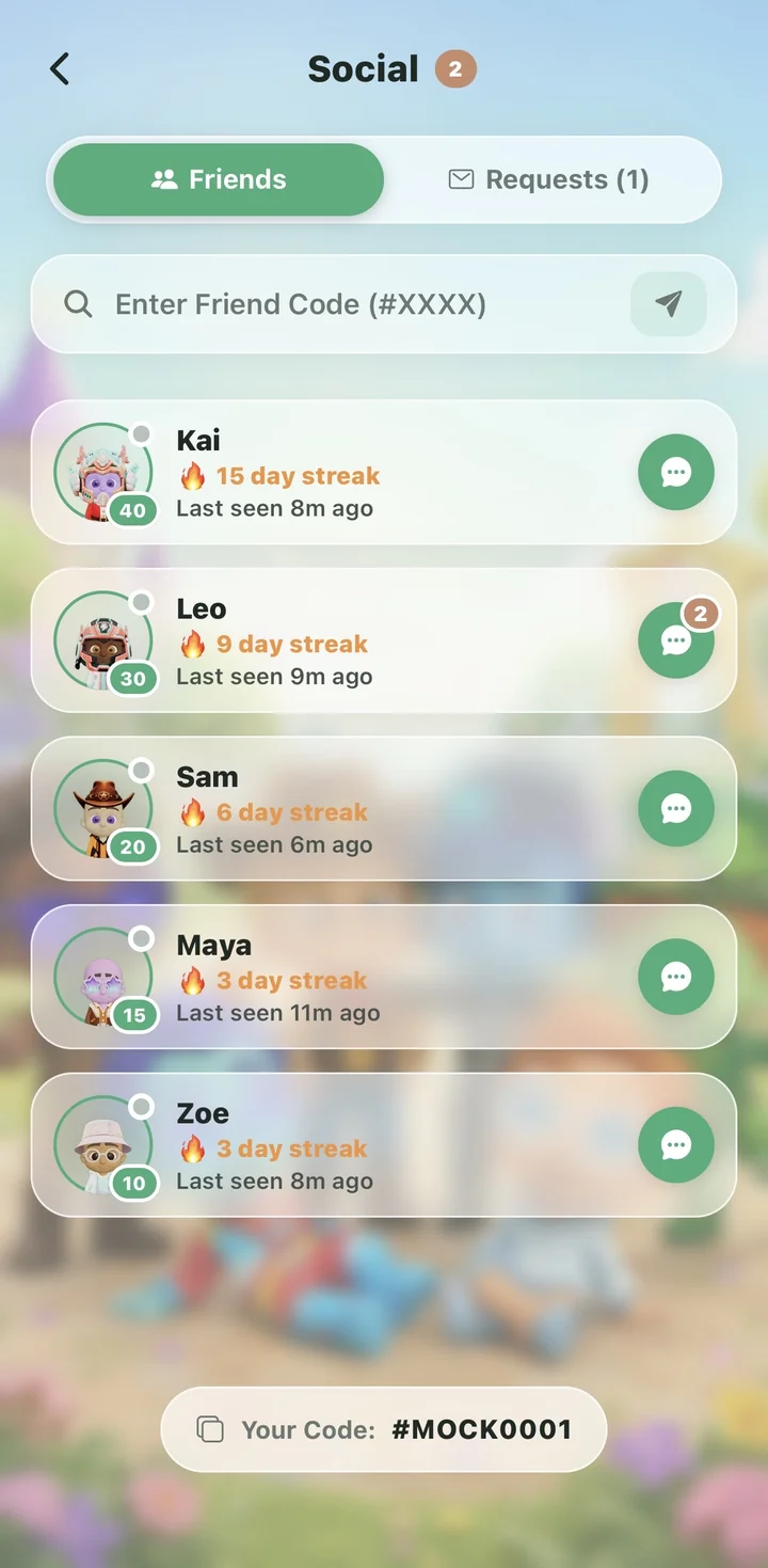 Friends list showing each friend’s streak and recent activity, with your own invite code