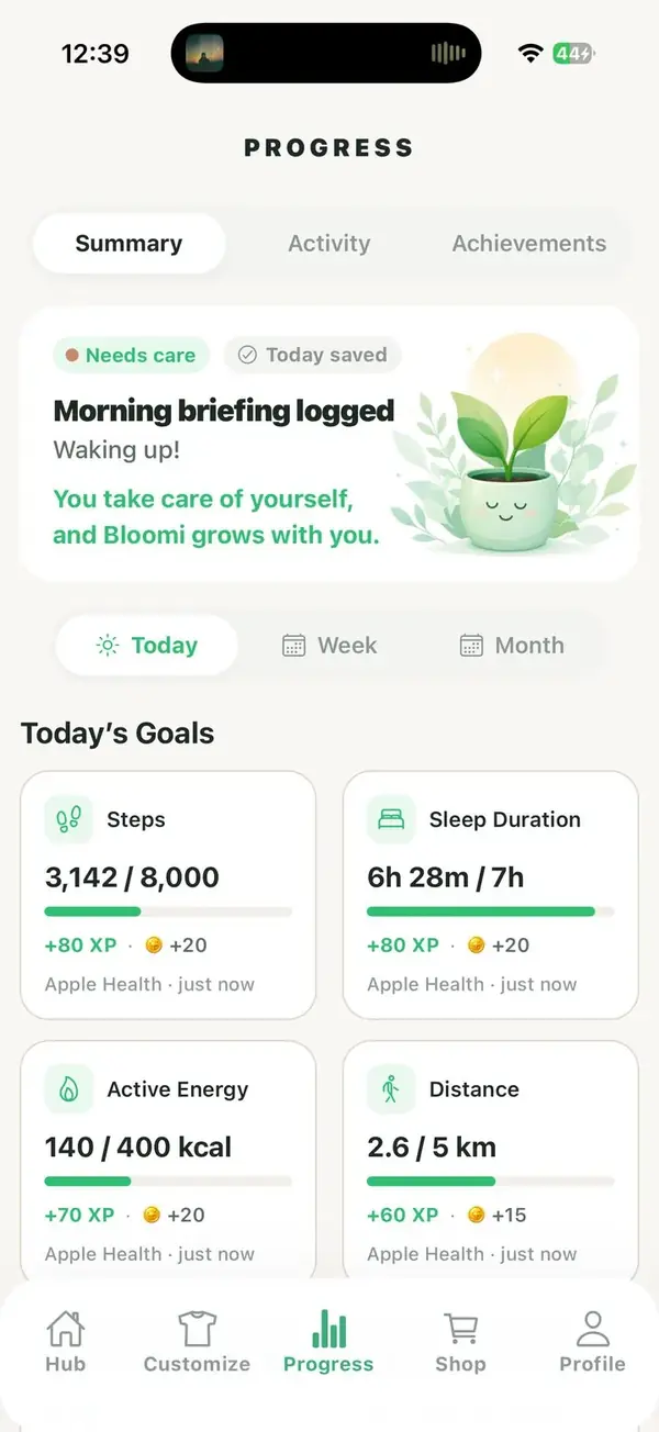Daily goals screen showing steps, sleep, active energy and distance progress