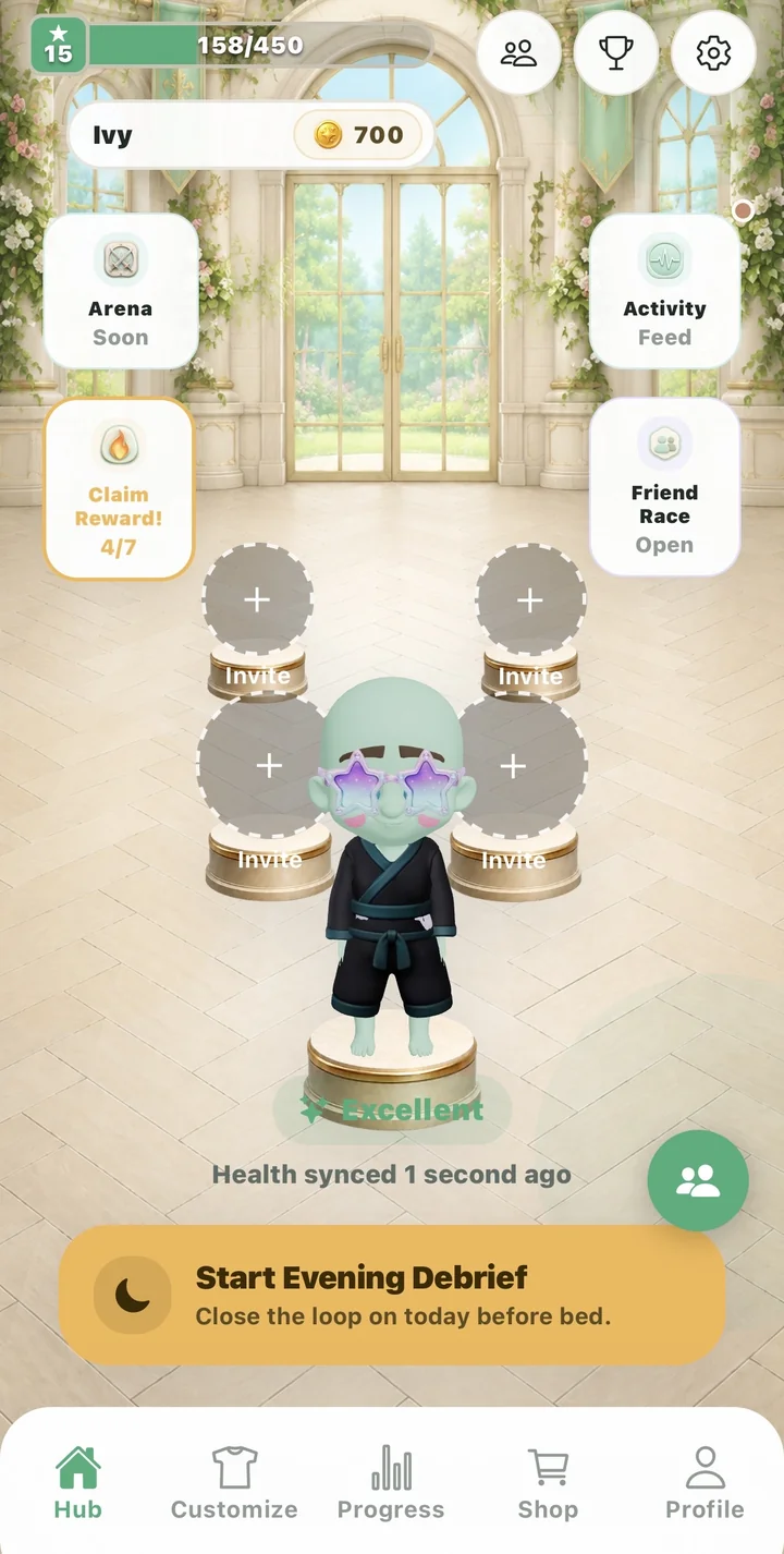 Home hub with a companion in a sleek black ninja outfit inside a bright greenhouse