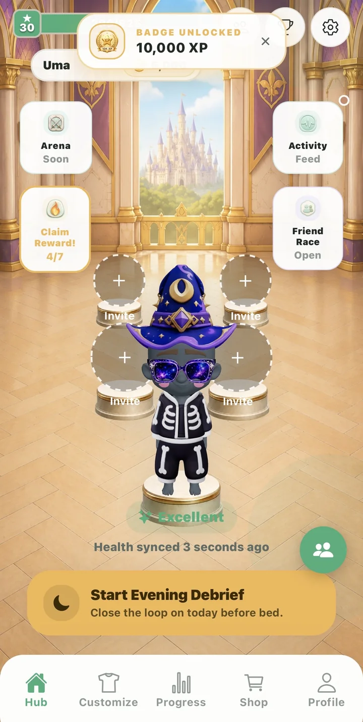 Home hub with a wizard-hat companion and a “Badge Unlocked — 10,000 XP” celebration
