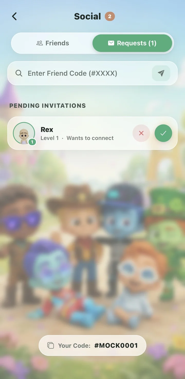 Invite screen with a pending friend request and a shareable friend code