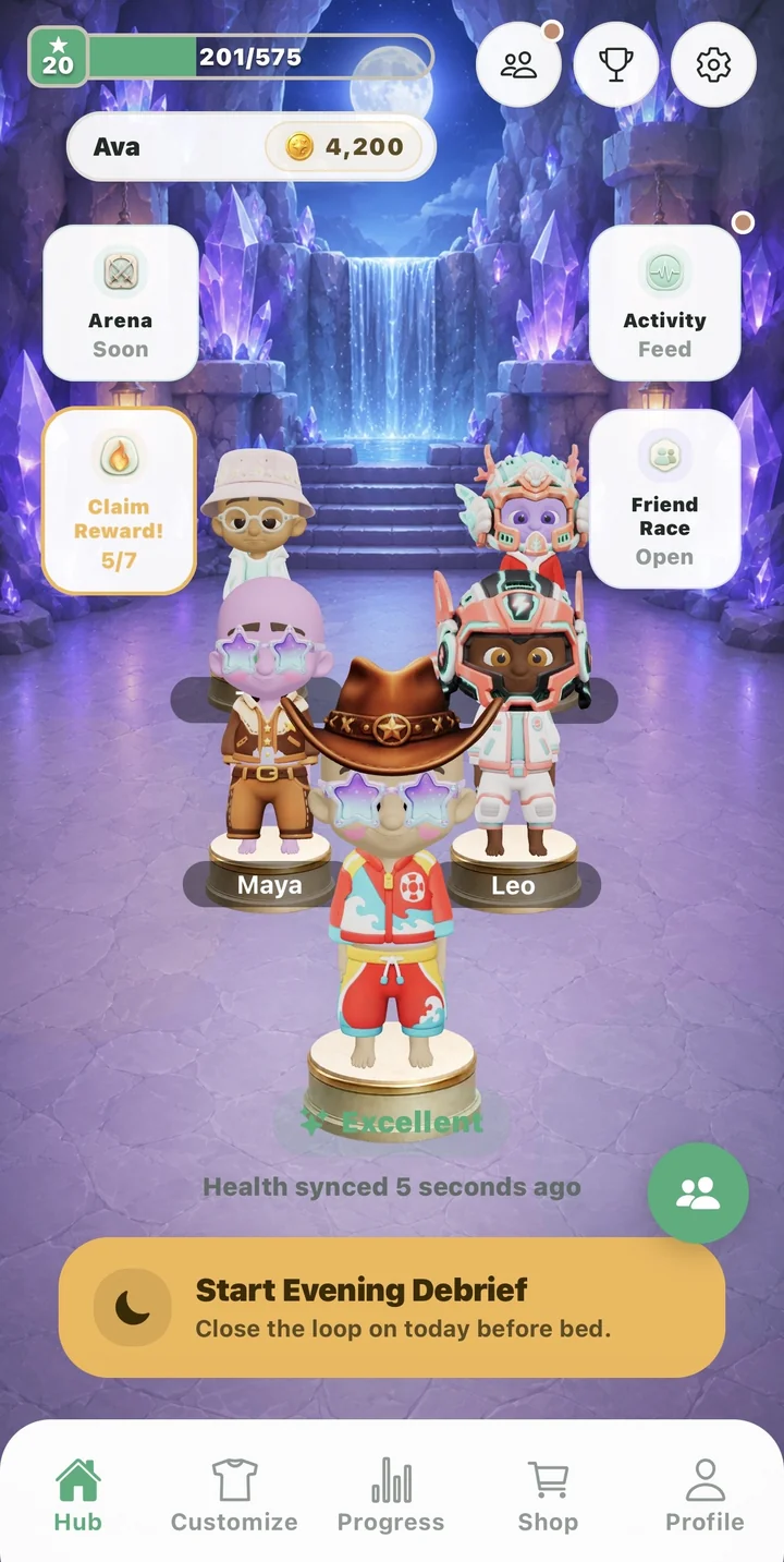 A shared lobby where friends’ companions gather together on a glowing crystal-cave stage