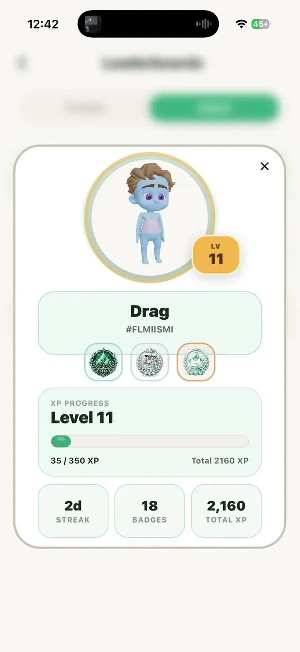 Profile card showing level, XP progress, streak and badges