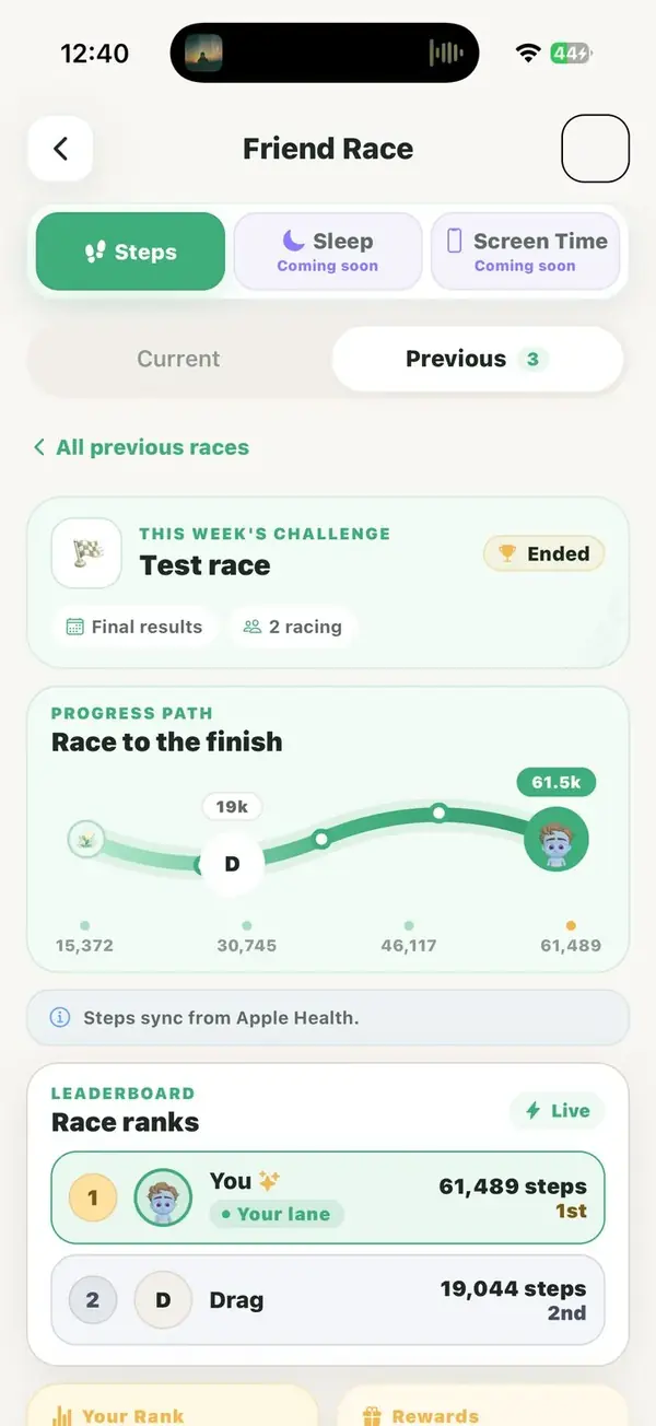 Friend race screen with a progress path and live race ranks