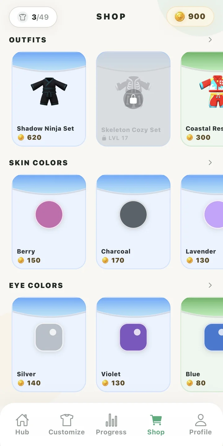 Shop outfit sets and color swatches for dressing up your companion