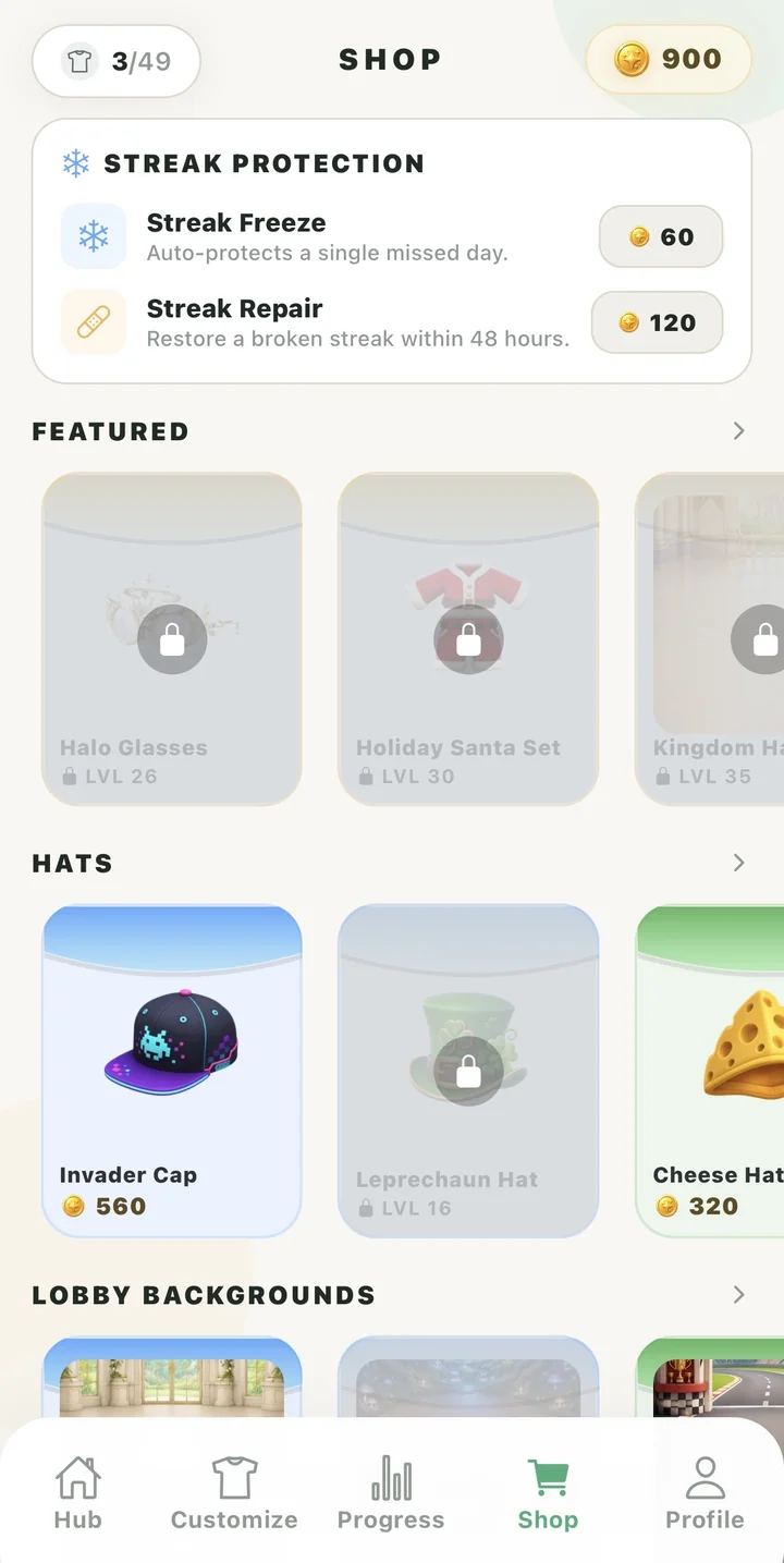 Shop streak-protection items — Streak Freeze and Streak Repair — to guard your streak