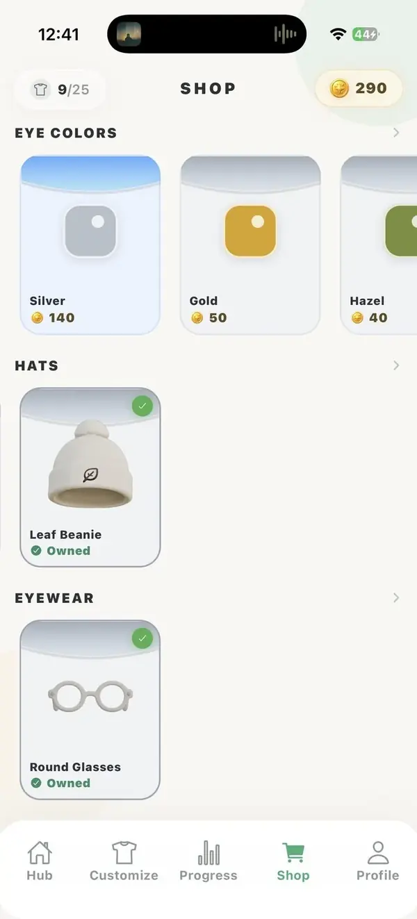Shop screen with cosmetics purchasable using Gold