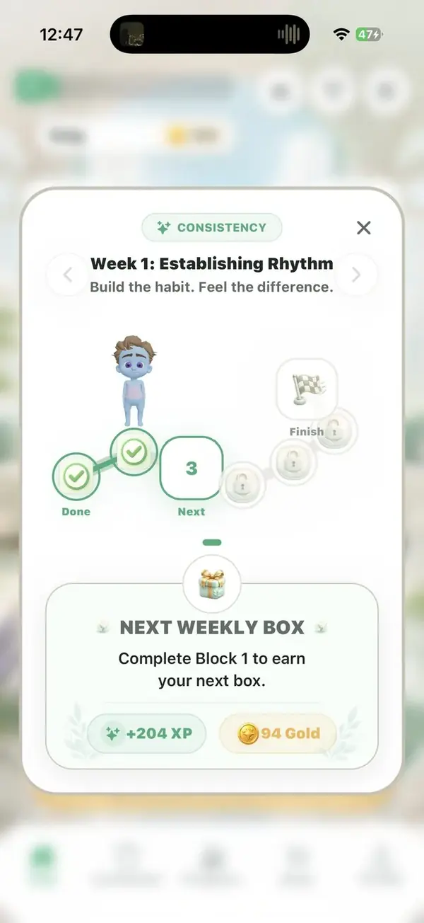 Weekly consistency path with a reward box of XP and Gold